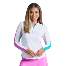 Load image into Gallery viewer, Ibkul Color Block Long Sleeve Mock Womens QZ - Hot Pnk/Turquoi/L
 - 1