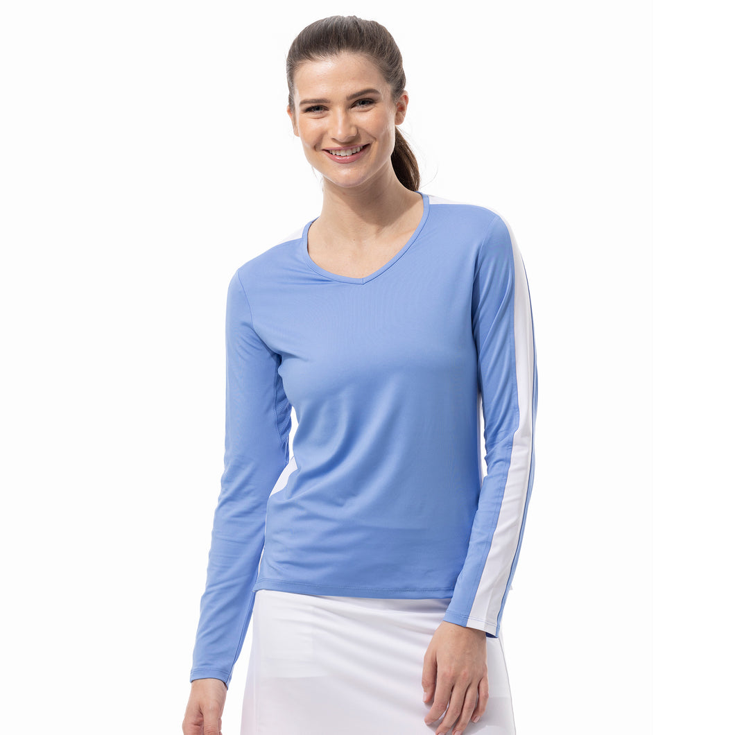 SanSoleil Sunglow Active Womens Tennis Shirt - Cornflower/Wht/XL