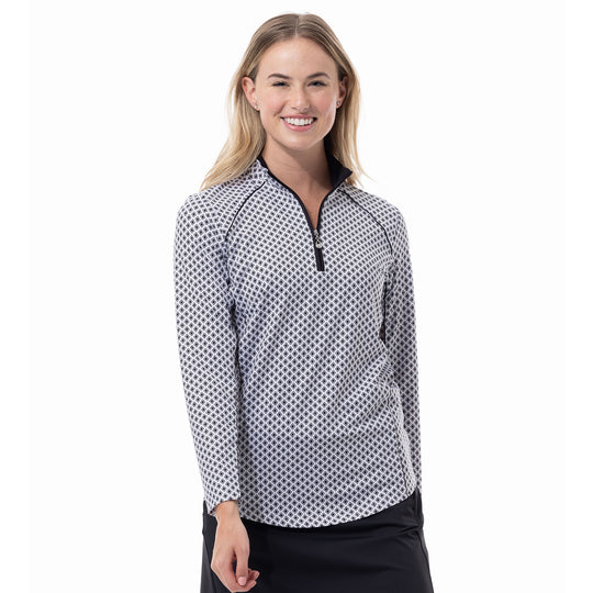 SanSoleil Sunglow Printed Zip Mock with Piping Womens Long Sleeve Sun Shirt